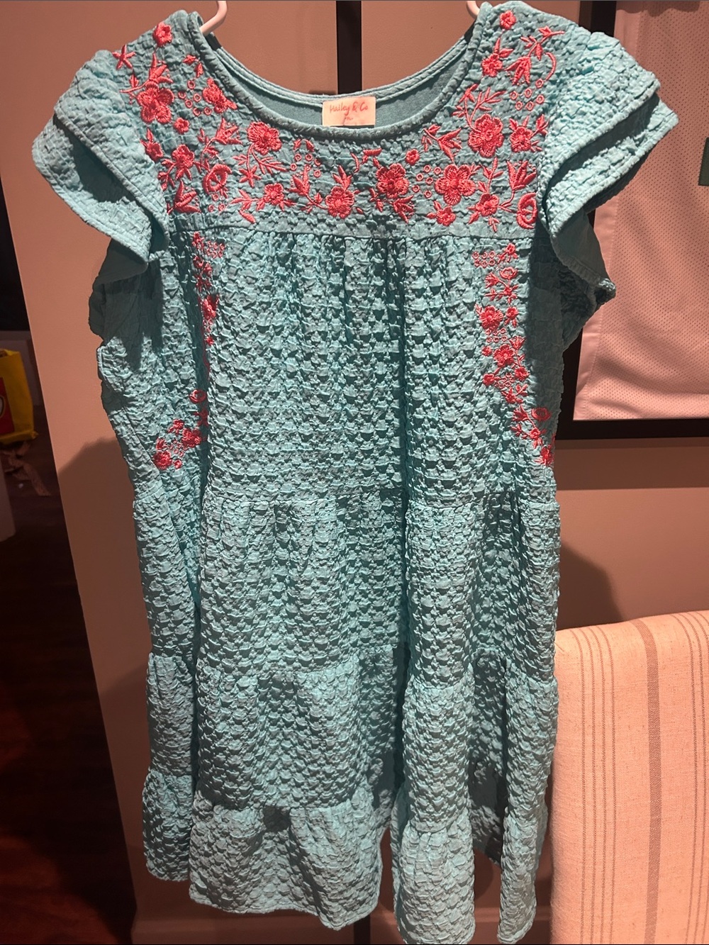 Hailey and Co Textured Embroidered Aqua Cotton Dress with Pink Floral Detail - Picture 1 of 4